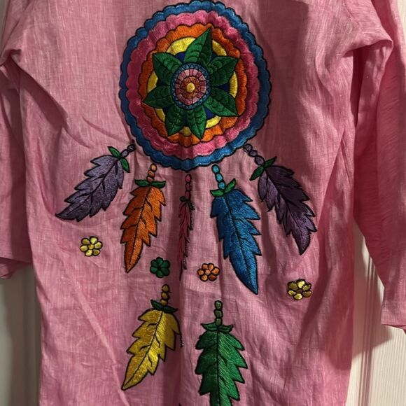 Pink Linen Kimono - Embroidered NWT - Open Pink Dream Catcher - One Size - Picture 2 of 4